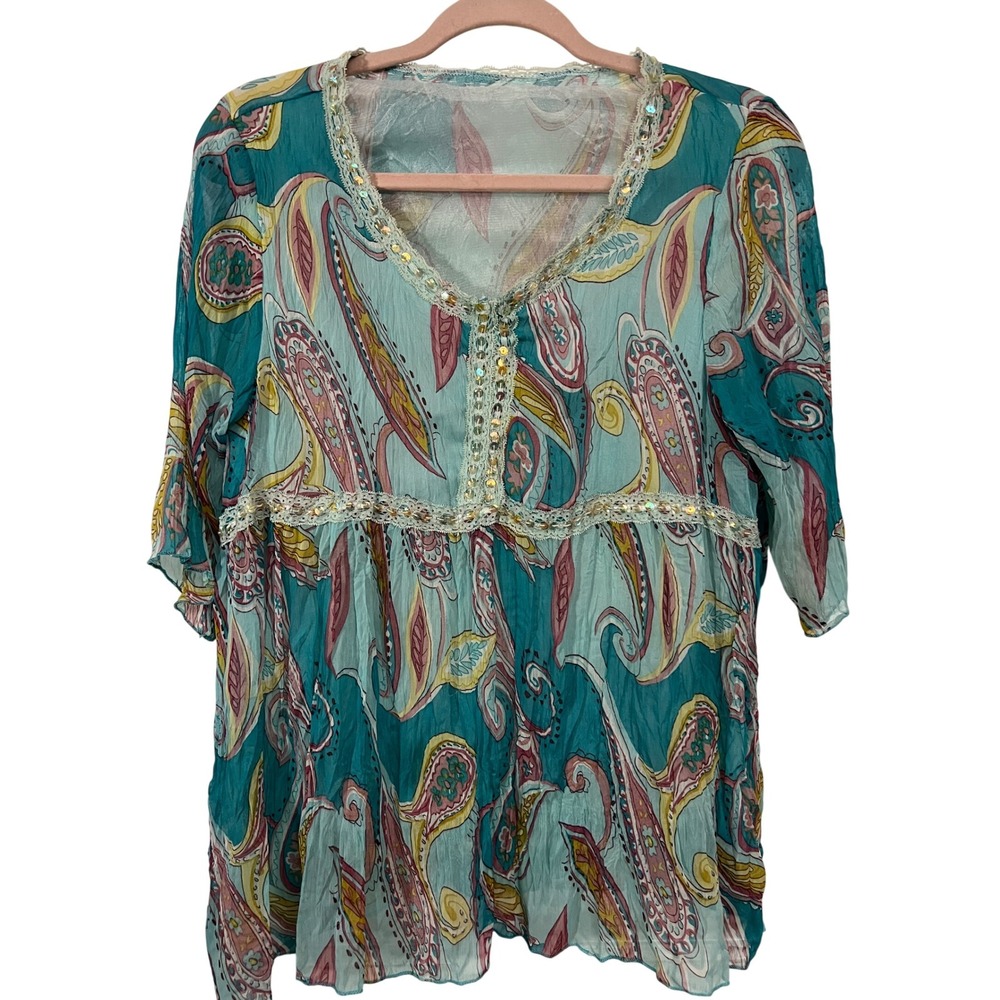 Paisley Babydoll Flowy Tunic Top One Size Boho Sequin Lace Teal